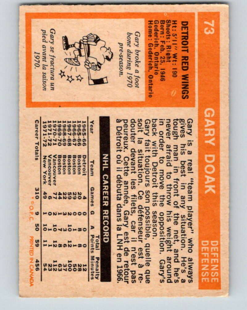 1972-73 O-Pee-Chee #73 Gary Doak Detroit Red Wings V3581