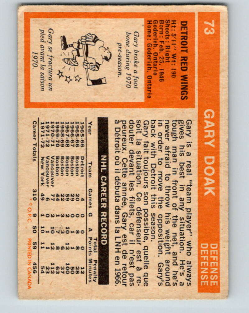 1972-73 O-Pee-Chee #73 Gary Doak Detroit Red Wings V3582