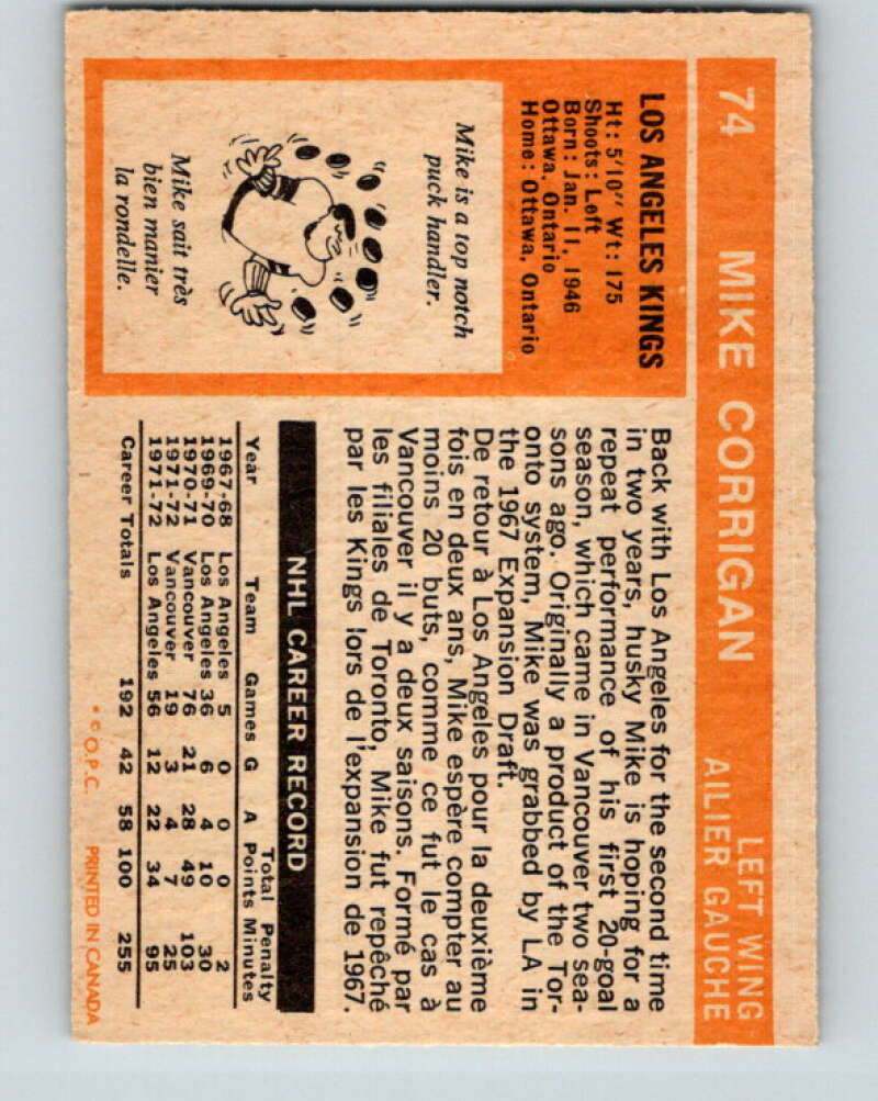 1972-73 O-Pee-Chee #74 Mike Corrigan Los Angeles Kings V3583