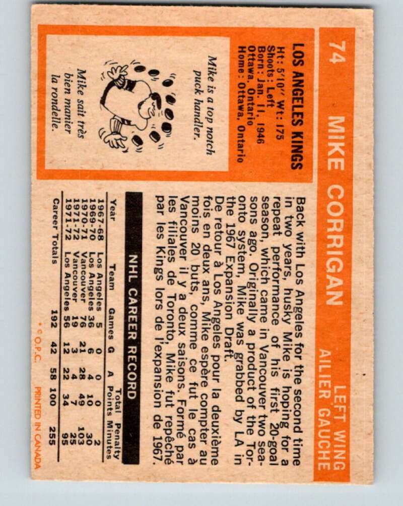 1972-73 O-Pee-Chee #74 Mike Corrigan Los Angeles Kings V3585