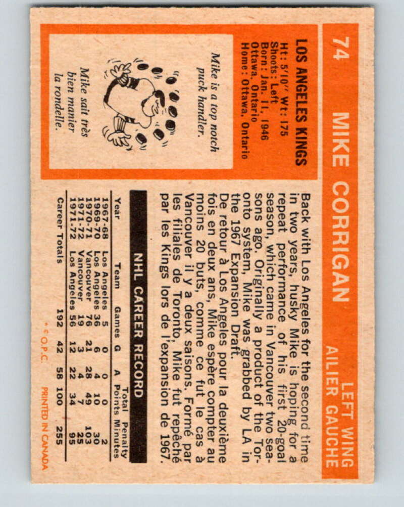 1972-73 O-Pee-Chee #74 Mike Corrigan Los Angeles Kings V3586