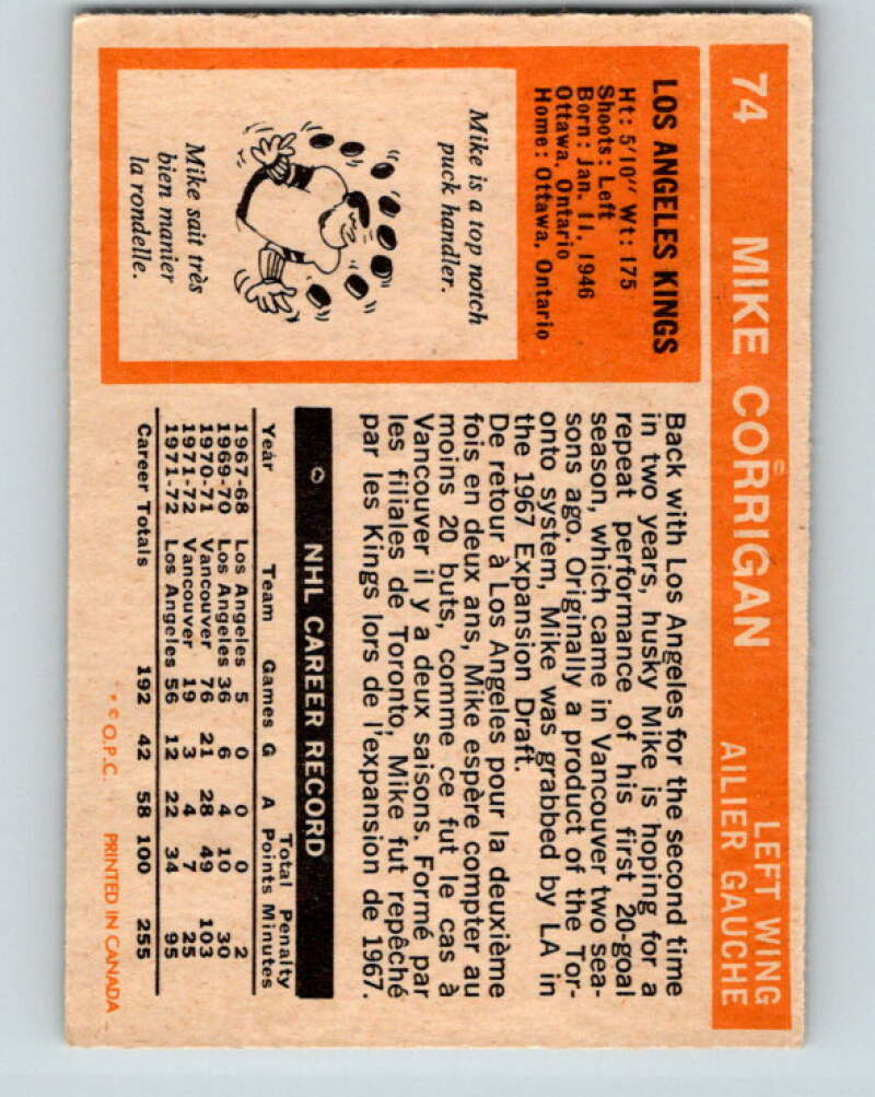 1972-73 O-Pee-Chee #74 Mike Corrigan Los Angeles Kings V3587