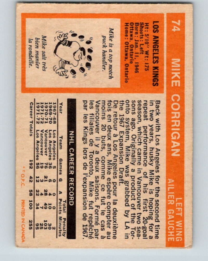 1972-73 O-Pee-Chee #74 Mike Corrigan Los Angeles Kings V3588