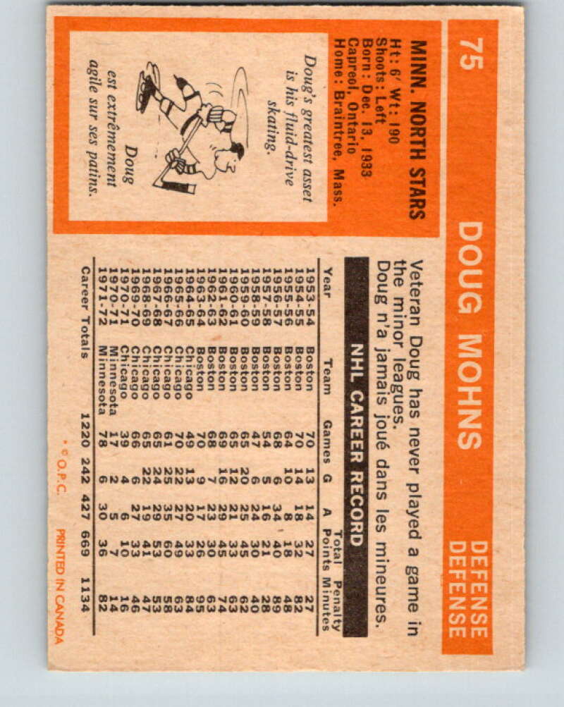 1972-73 O-Pee-Chee #75 Doug Mohns Minnesota North Stars V3589