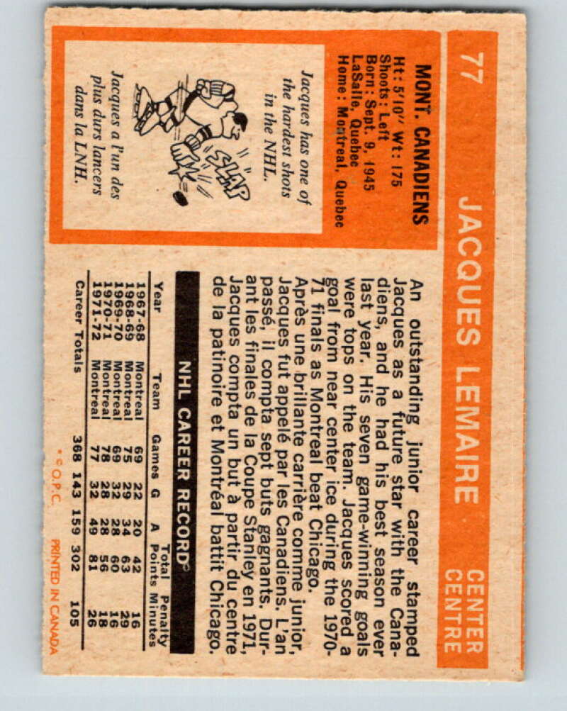 1972-73 O-Pee-Chee #77 Jacques Lemaire Montreal Canadiens V3610