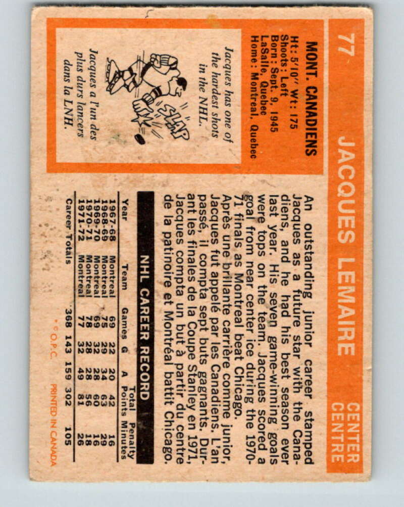 1972-73 O-Pee-Chee #77 Jacques Lemaire Montreal Canadiens V3611