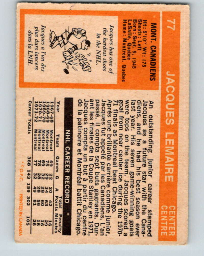 1972-73 O-Pee-Chee #77 Jacques Lemaire Montreal Canadiens V3612
