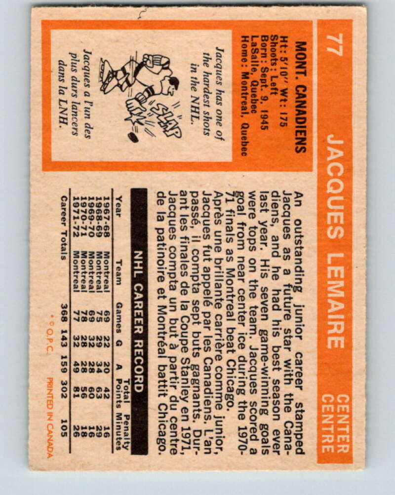 1972-73 O-Pee-Chee #77 Jacques Lemaire Montreal Canadiens V3613