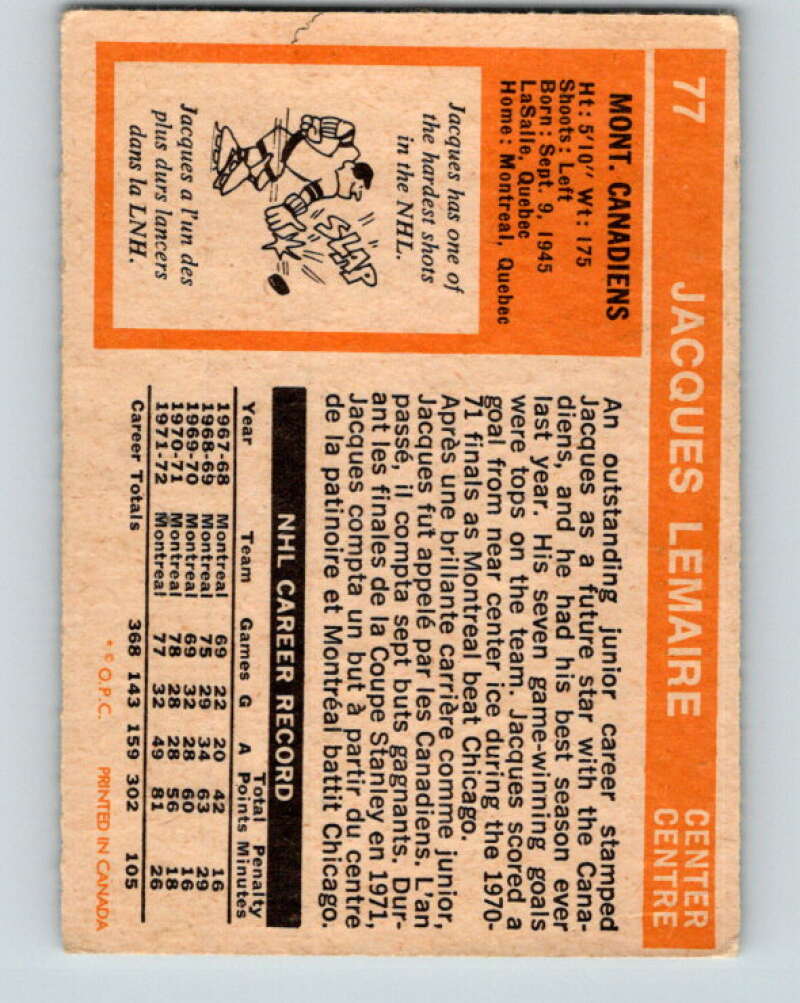 1972-73 O-Pee-Chee #77 Jacques Lemaire Montreal Canadiens V3616