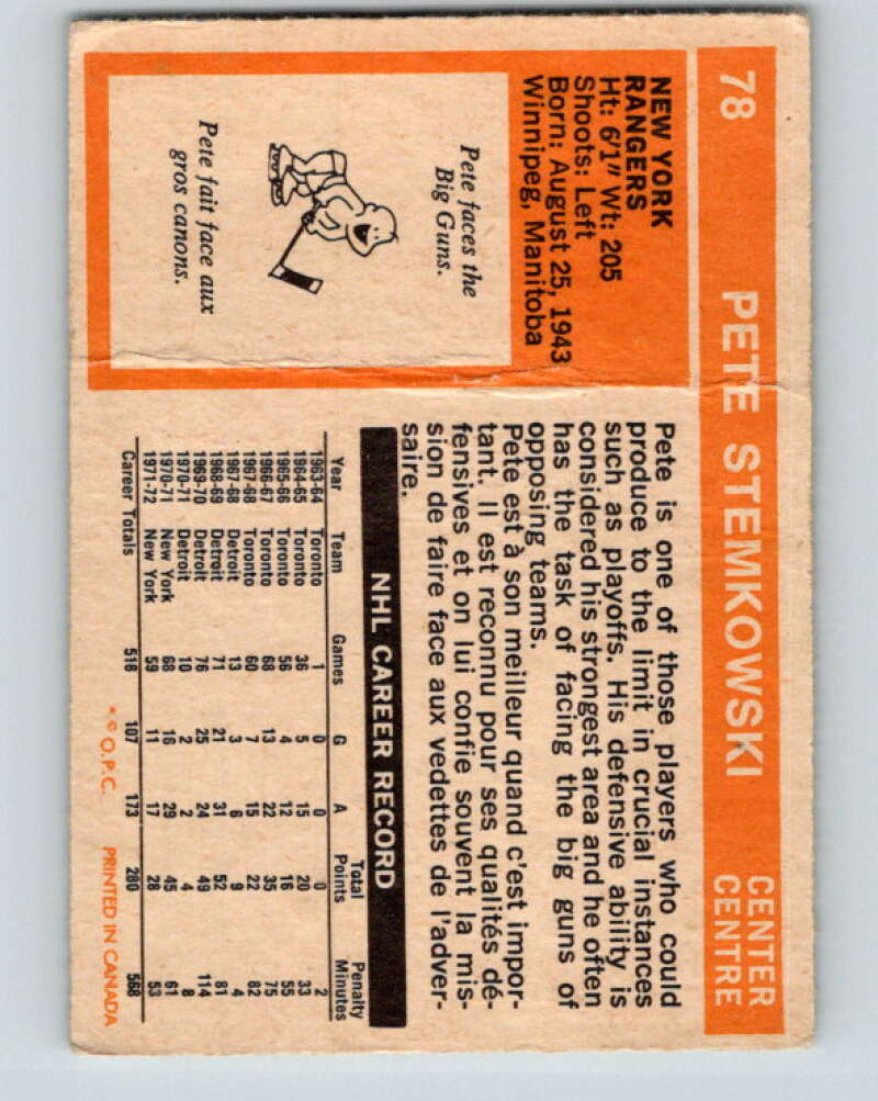 1972-73 O-Pee-Chee #78 Pete Stemkowski New York Rangers V3618