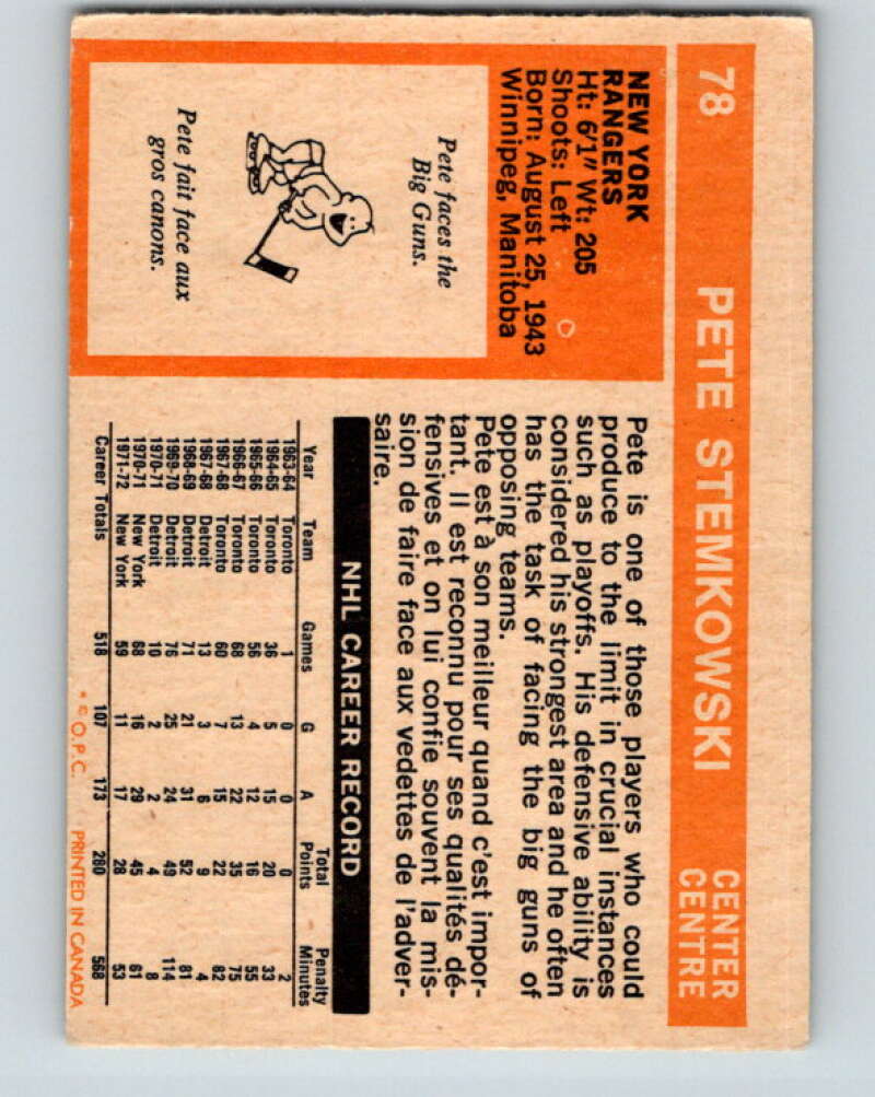 1972-73 O-Pee-Chee #78 Pete Stemkowski New York Rangers V3619