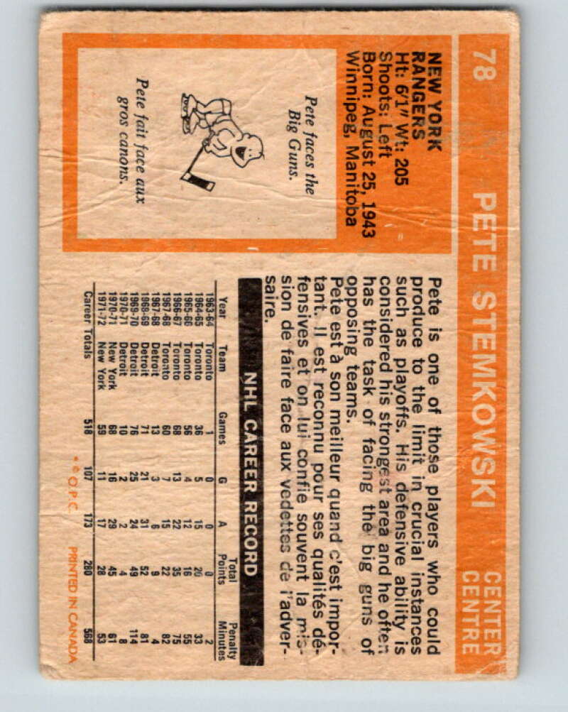 1972-73 O-Pee-Chee #78 Pete Stemkowski New York Rangers V3621