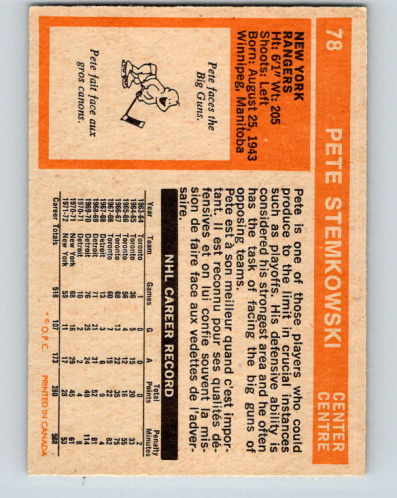 1972-73 O-Pee-Chee #78 Pete Stemkowski New York Rangers V3622