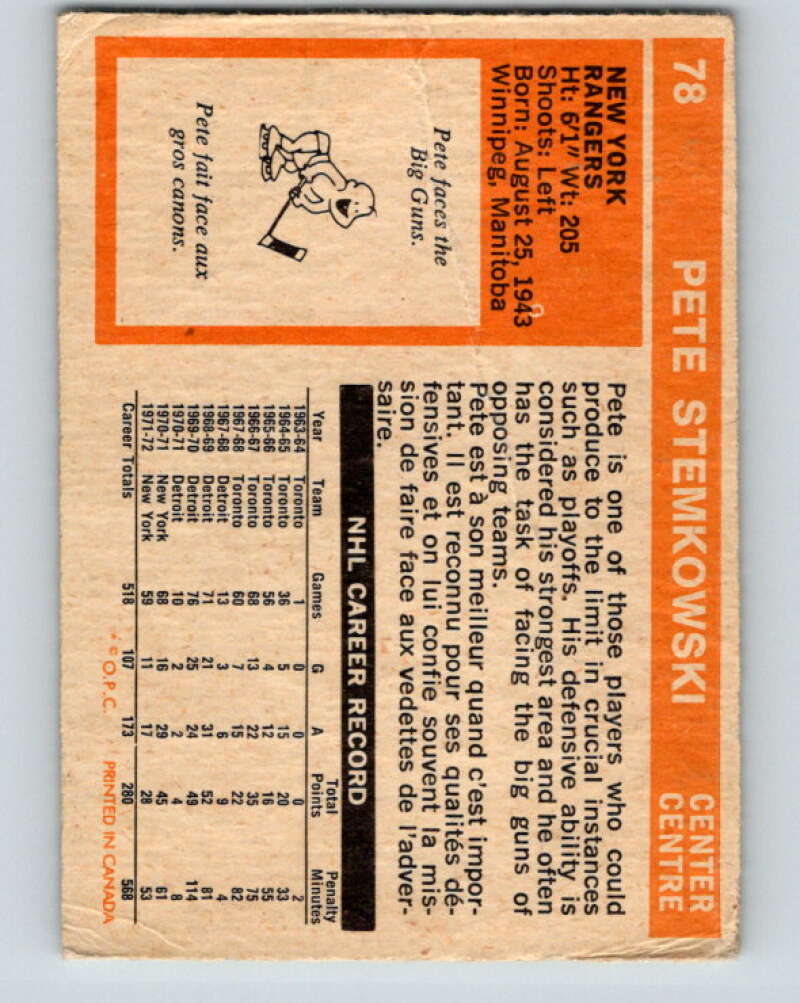 1972-73 O-Pee-Chee #78 Pete Stemkowski New York Rangers V3624