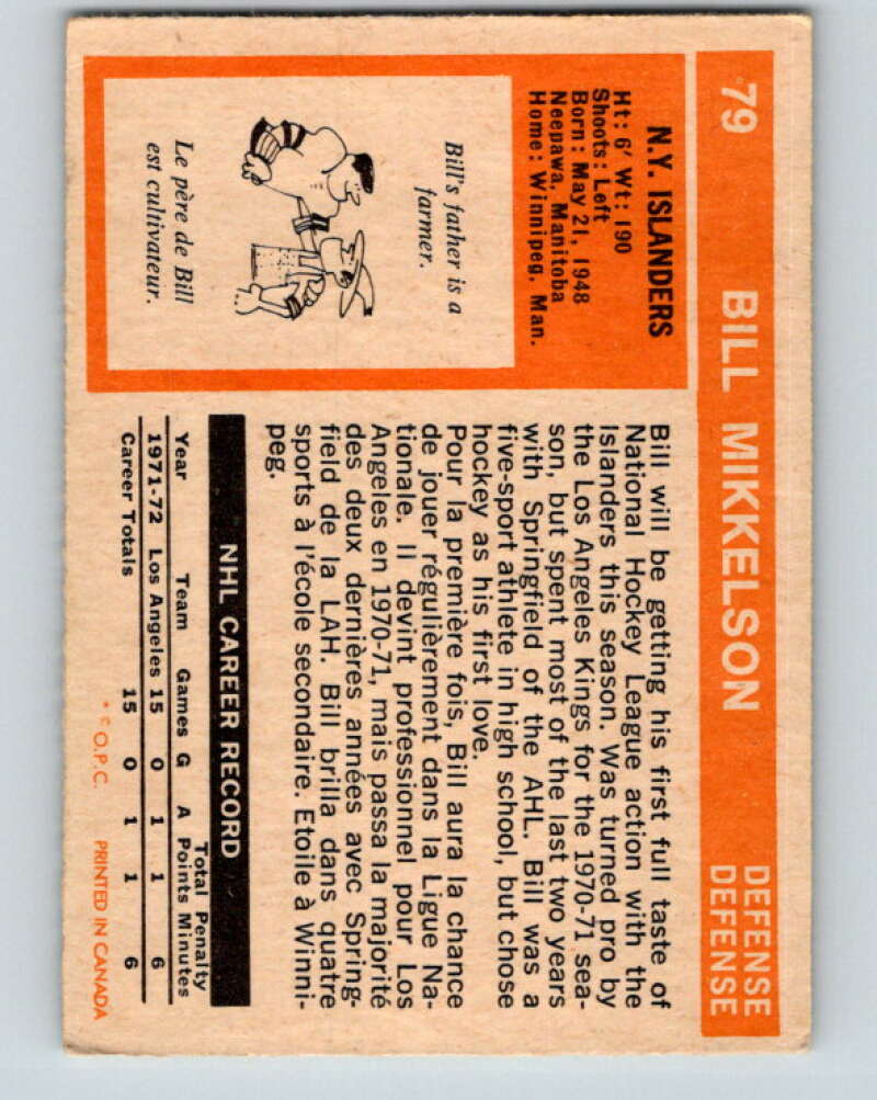 1972-73 O-Pee-Chee #79 Bill Mikkelson RC Rookie New York Islanders V3632