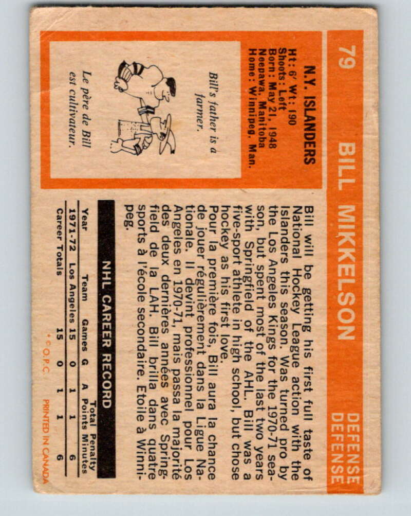 1972-73 O-Pee-Chee #79 Bill Mikkelson RC Rookie New York Islanders V3633