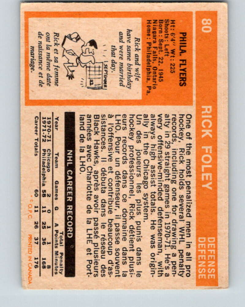 1972-73 O-Pee-Chee #80 Rick Foley RC Rookie Philadelphia Flyers V3634