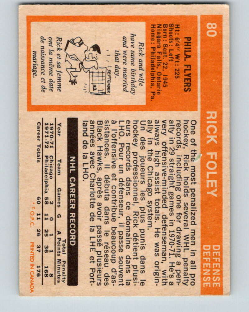 1972-73 O-Pee-Chee #80 Rick Foley RC Rookie Philadelphia Flyers V3635