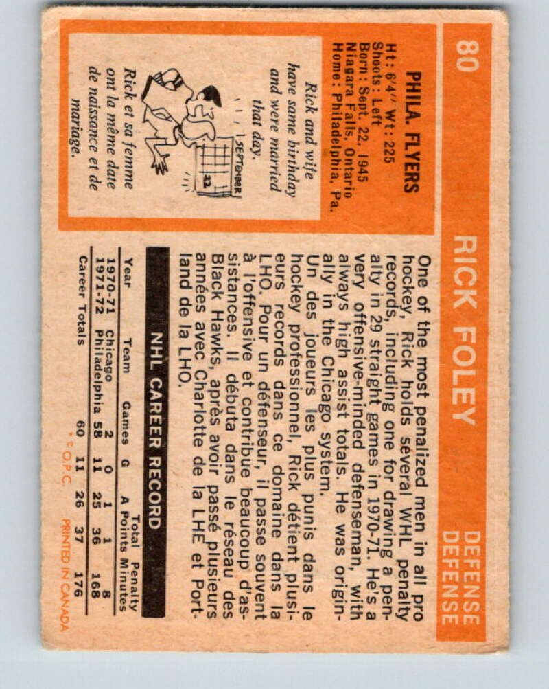 1972-73 O-Pee-Chee #80 Rick Foley RC Rookie Philadelphia Flyers V3637