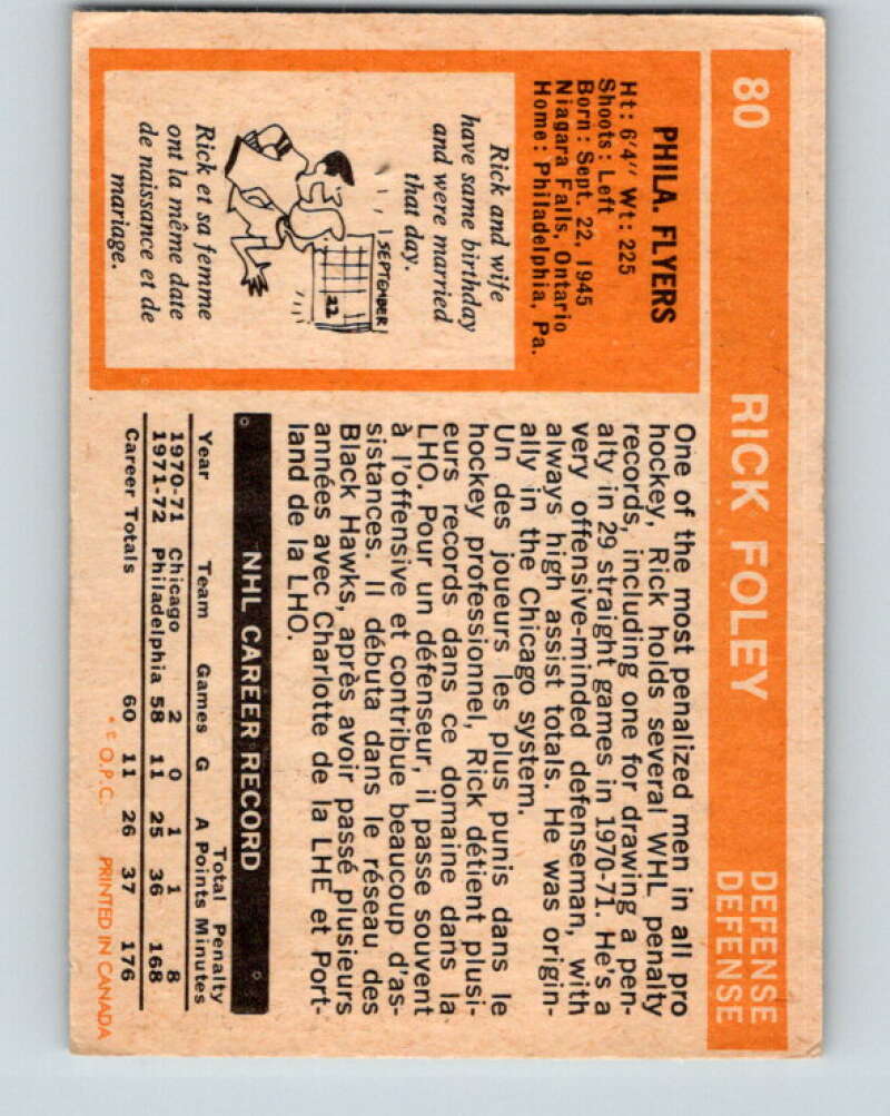 1972-73 O-Pee-Chee #80 Rick Foley RC Rookie Philadelphia Flyers V3638