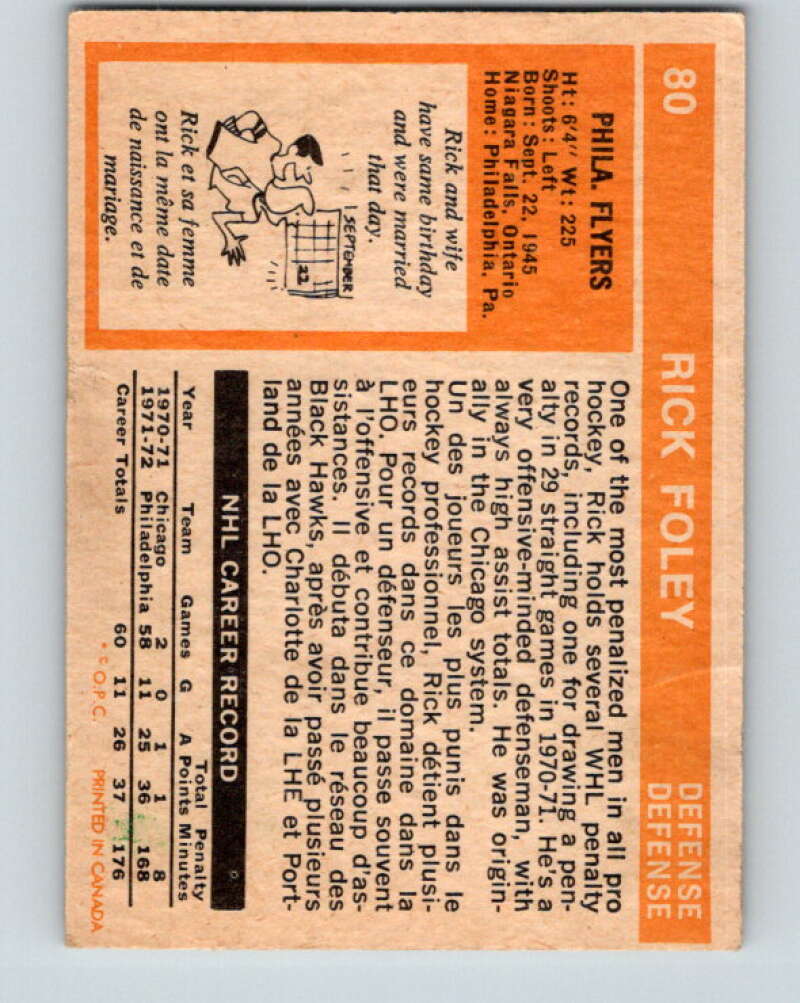 1972-73 O-Pee-Chee #80 Rick Foley RC Rookie Philadelphia Flyers V3639