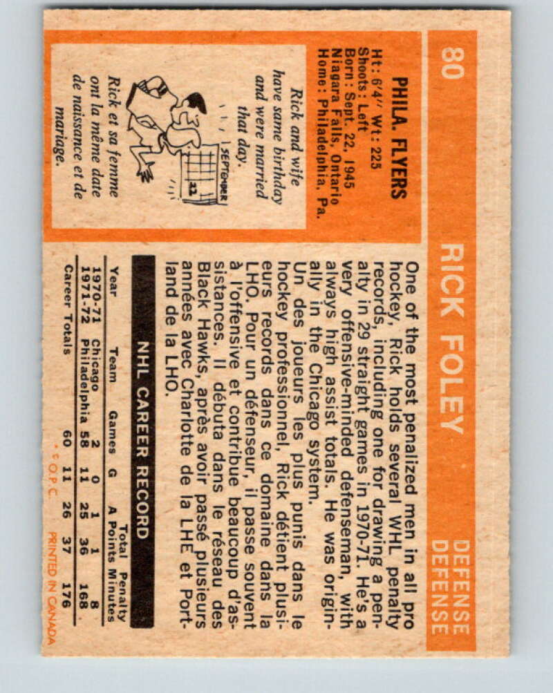 1972-73 O-Pee-Chee #80 Rick Foley RC Rookie Philadelphia Flyers V3640