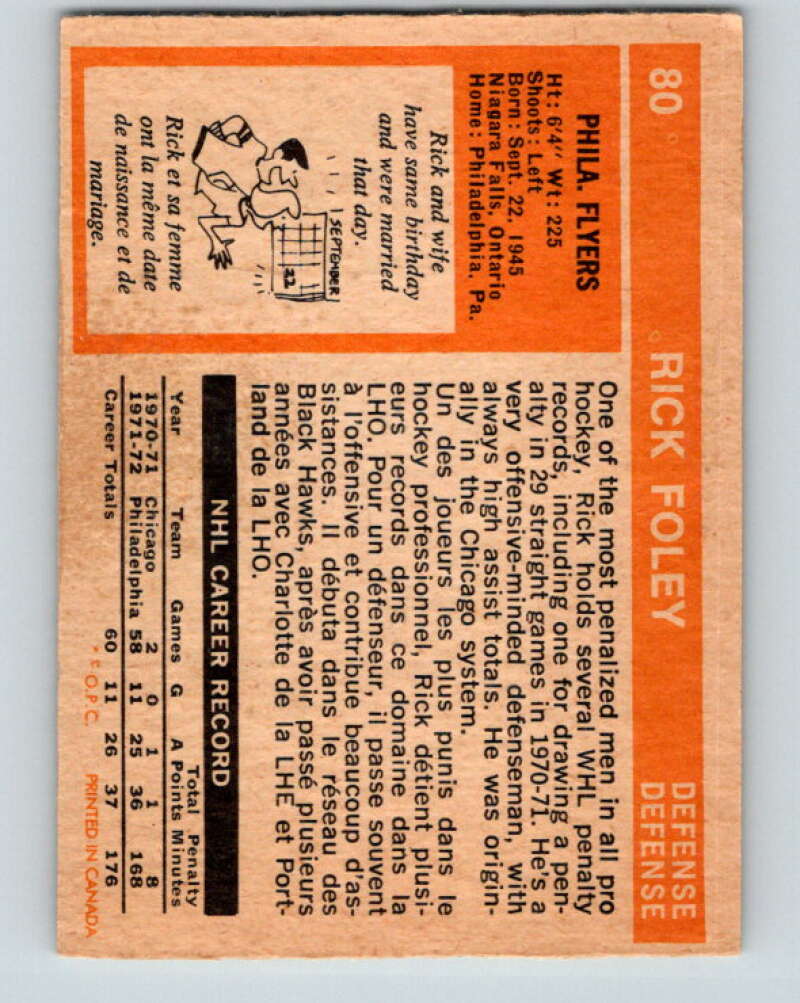 1972-73 O-Pee-Chee #80 Rick Foley RC Rookie Philadelphia Flyers V3641