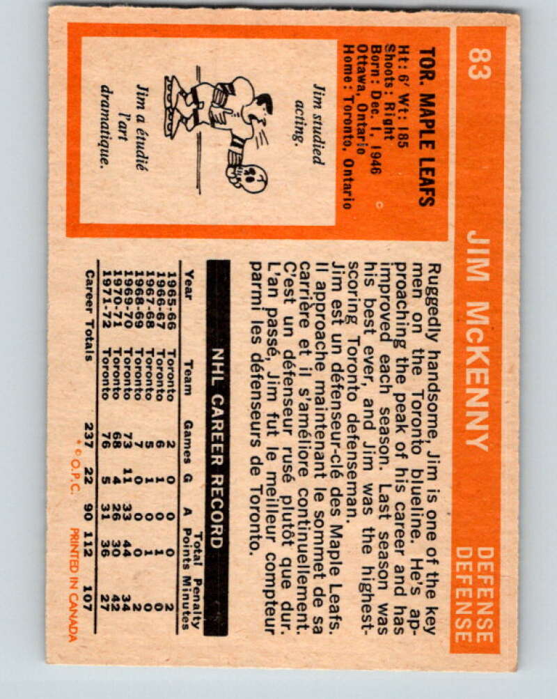 1972-73 O-Pee-Chee #83 Jim McKenny Toronto Maple Leafs V3650