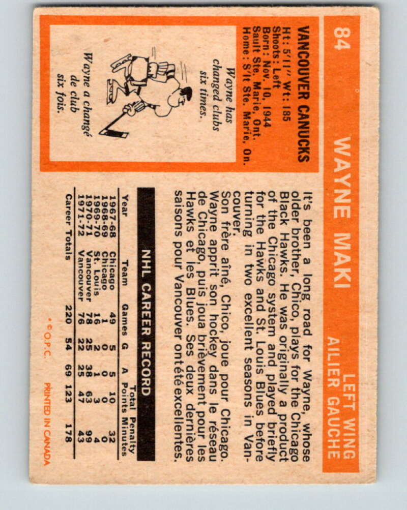 1972-73 O-Pee-Chee #84 Wayne Maki Vancouver Canucks V3655