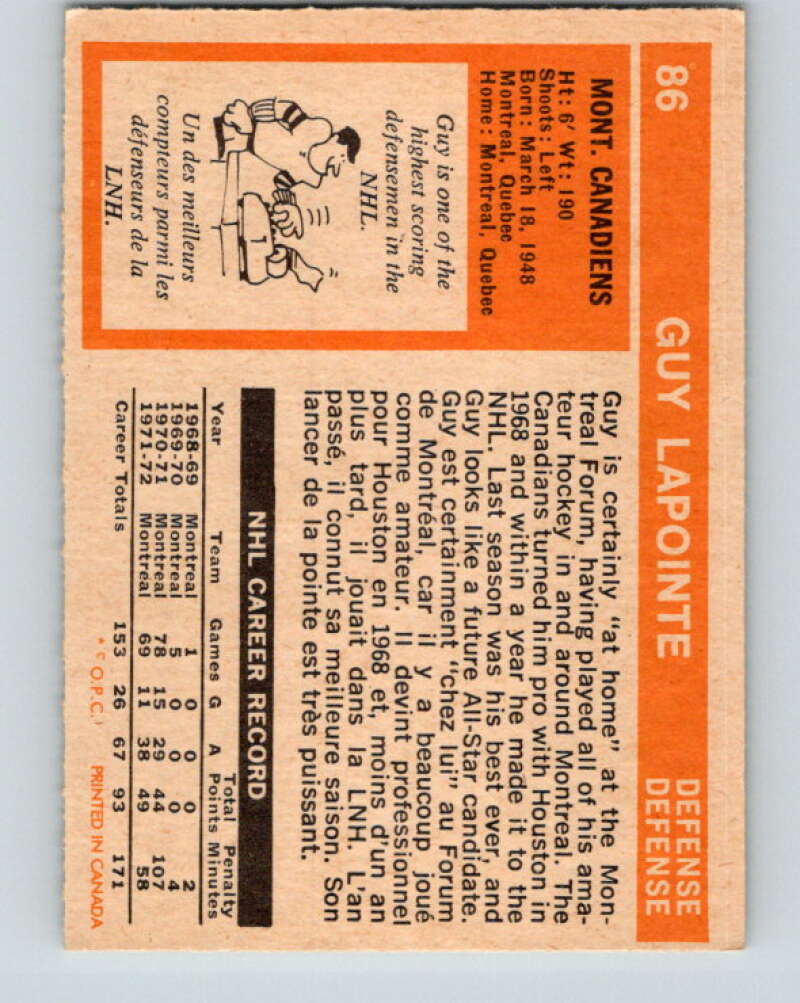1972-73 O-Pee-Chee #86 Guy Lapointe Montreal Canadiens V3664