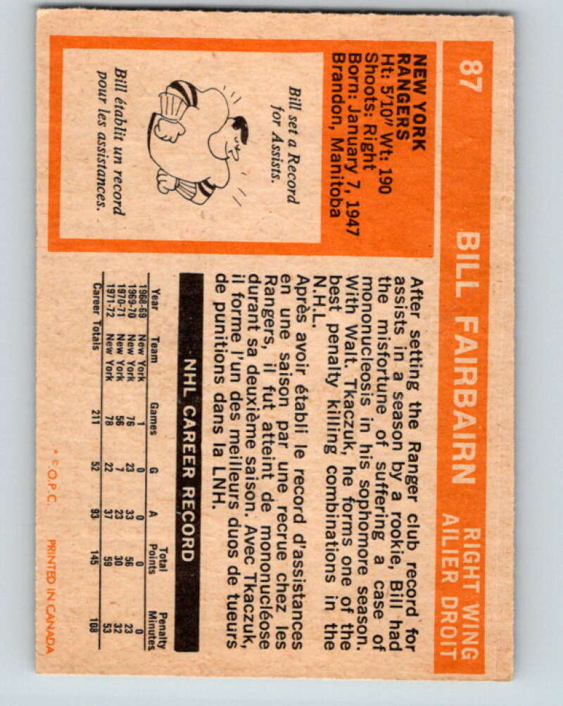 1972-73 O-Pee-Chee #87 Bill Fairbairn New York Rangers V3666