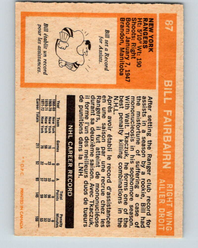 1972-73 O-Pee-Chee #87 Bill Fairbairn New York Rangers V3667