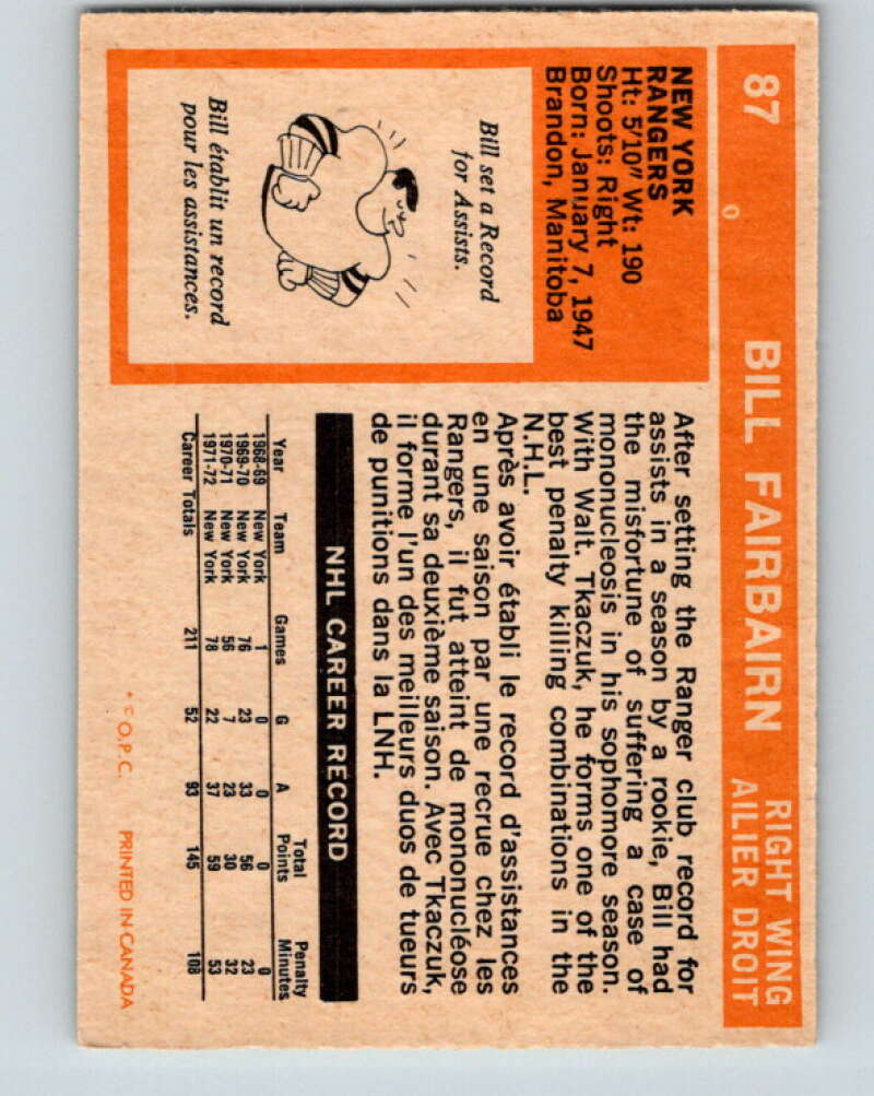 1972-73 O-Pee-Chee #87 Bill Fairbairn New York Rangers V3668