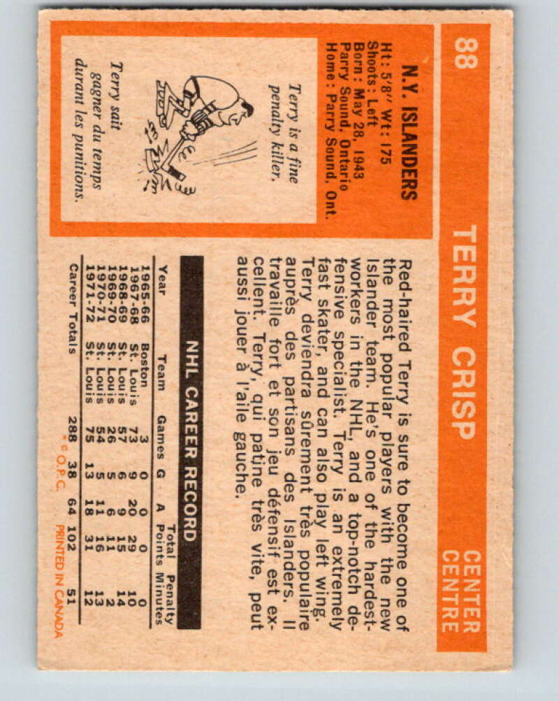 1972-73 O-Pee-Chee #88 Terry Crisp New York Islanders V3669