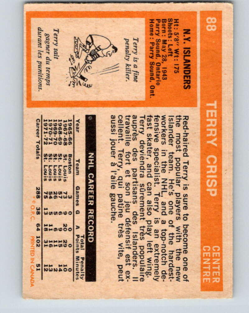 1972-73 O-Pee-Chee #88 Terry Crisp New York Islanders V3670