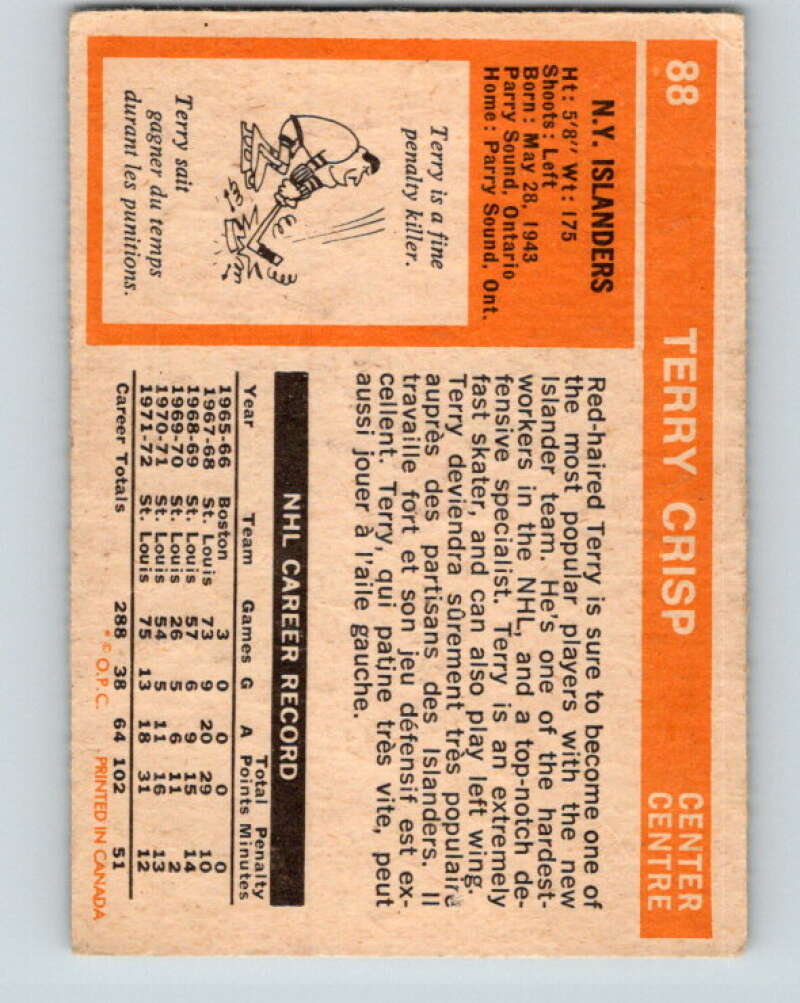 1972-73 O-Pee-Chee #88 Terry Crisp New York Islanders V3671
