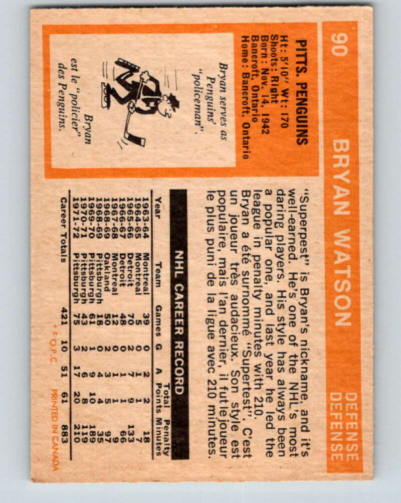 1972-73 O-Pee-Chee #90 Bryan Watson Pittsburgh Penguins V3674