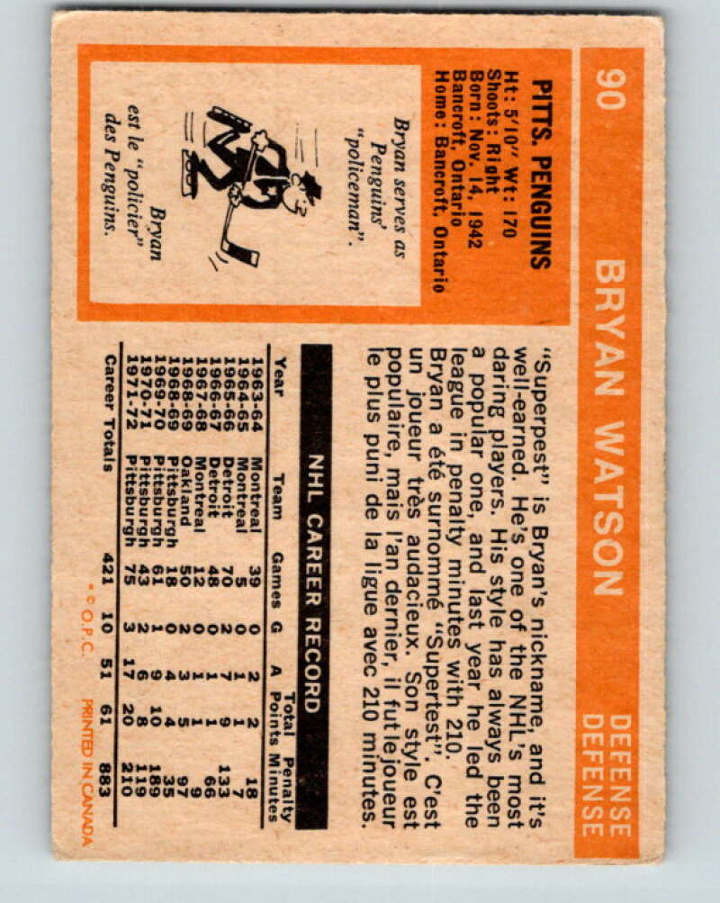 1972-73 O-Pee-Chee #90 Bryan Watson Pittsburgh Penguins V3675