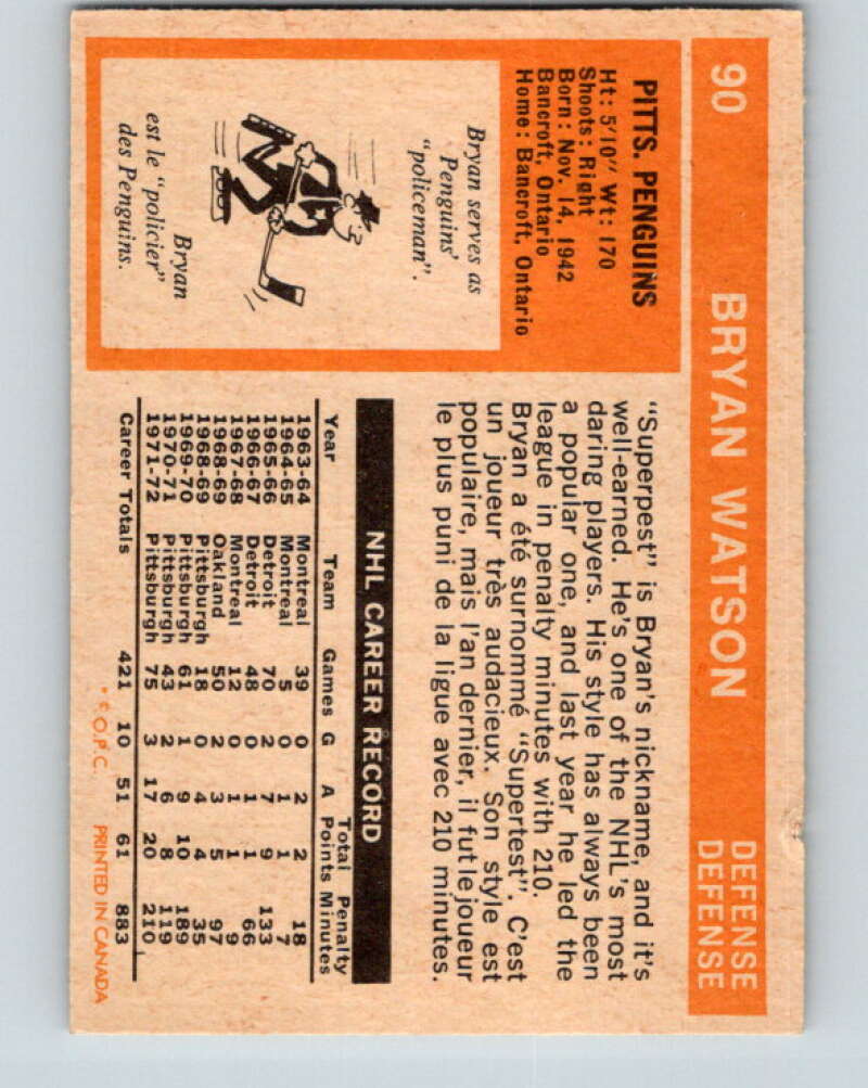 1972-73 O-Pee-Chee #90 Bryan Watson Pittsburgh Penguins V3677