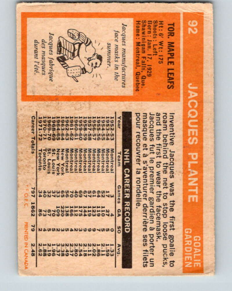 1972-73 O-Pee-Chee #92 Jacques Plante Toronto Maple Leafs V3687