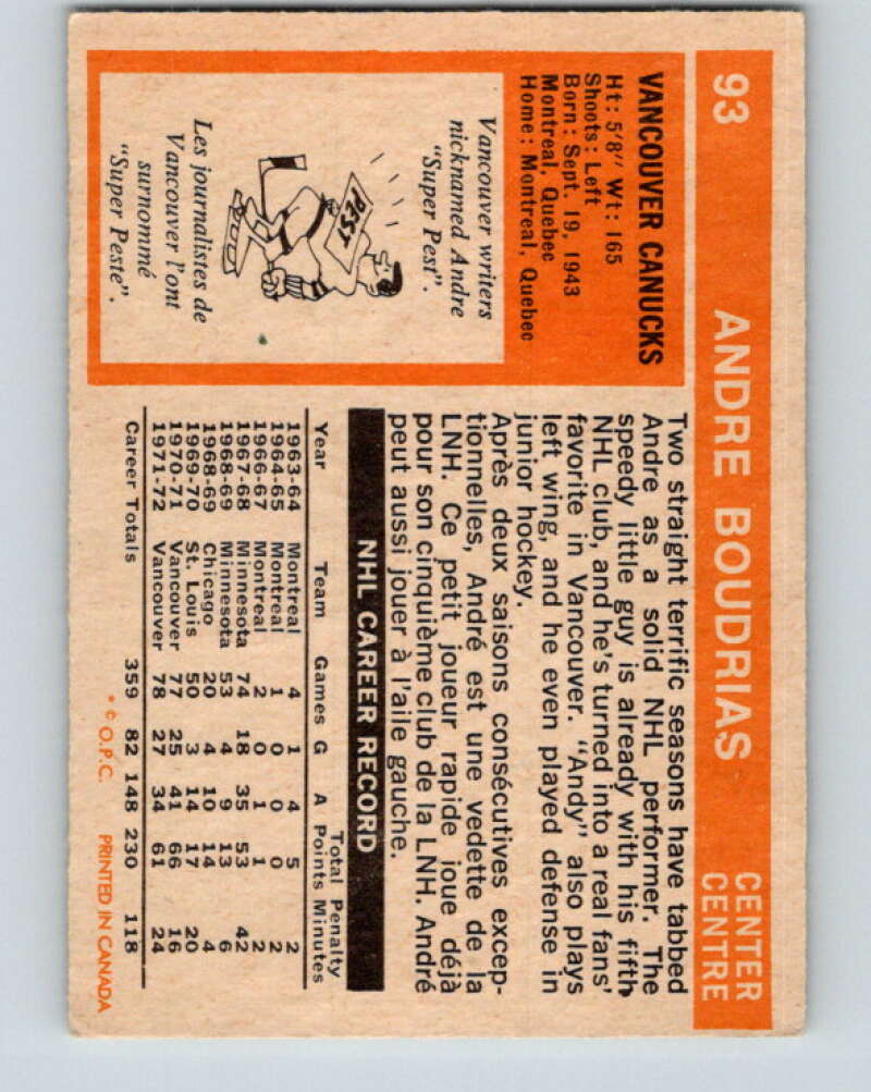 1972-73 O-Pee-Chee #93 Andre Boudrias Vancouver Canucks V3691