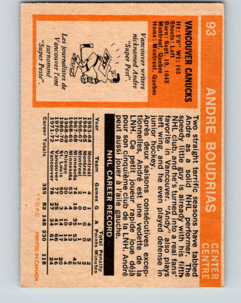 1972-73 O-Pee-Chee #93 Andre Boudrias Vancouver Canucks V3692