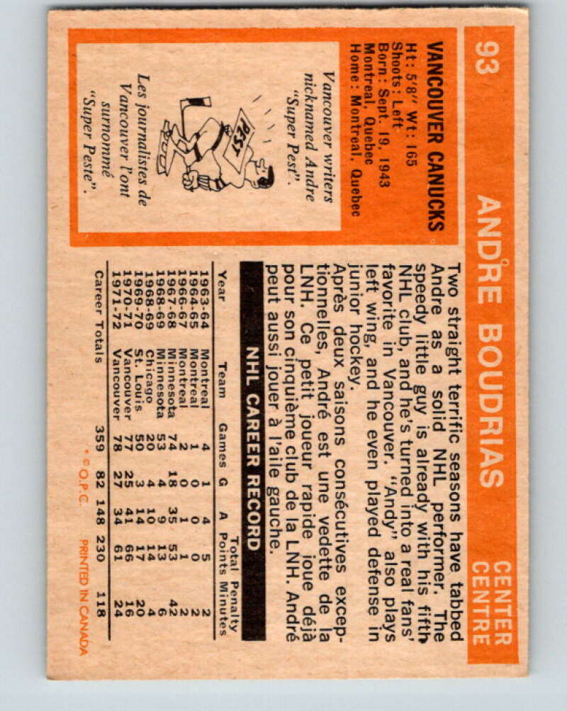 1972-73 O-Pee-Chee #93 Andre Boudrias Vancouver Canucks V3693