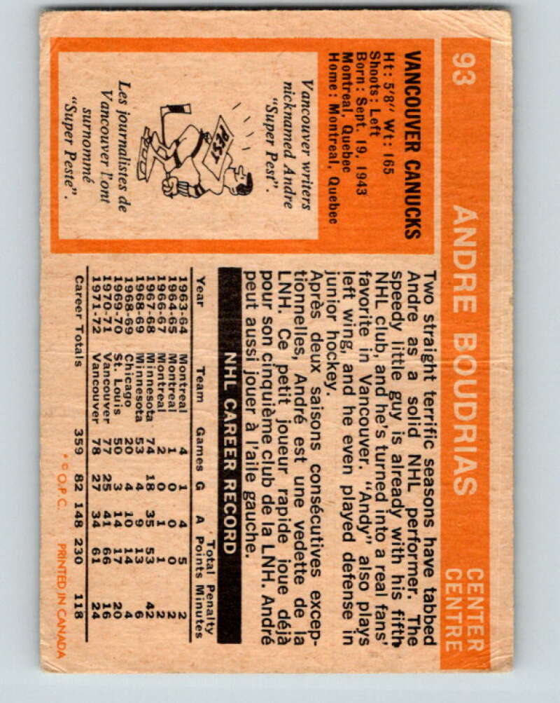 1972-73 O-Pee-Chee #93 Andre Boudrias Vancouver Canucks V3694