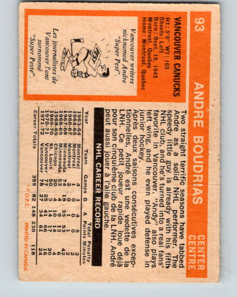 1972-73 O-Pee-Chee #93 Andre Boudrias Vancouver Canucks V3695