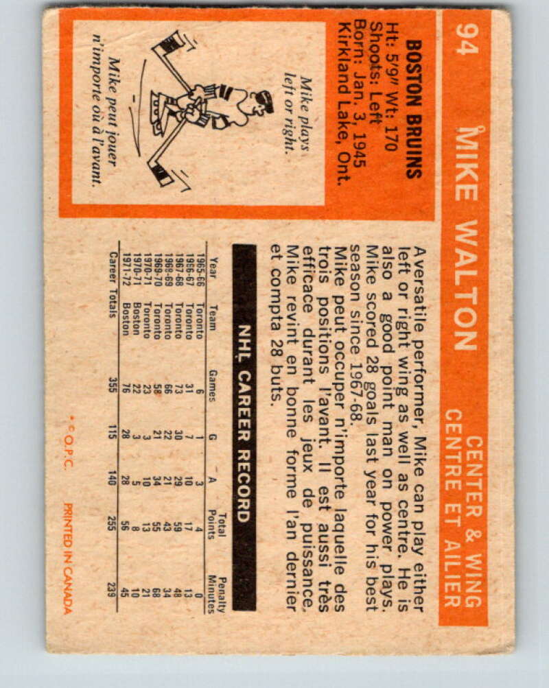 1972-73 O-Pee-Chee #94 Mike Walton Boston Bruins V3696