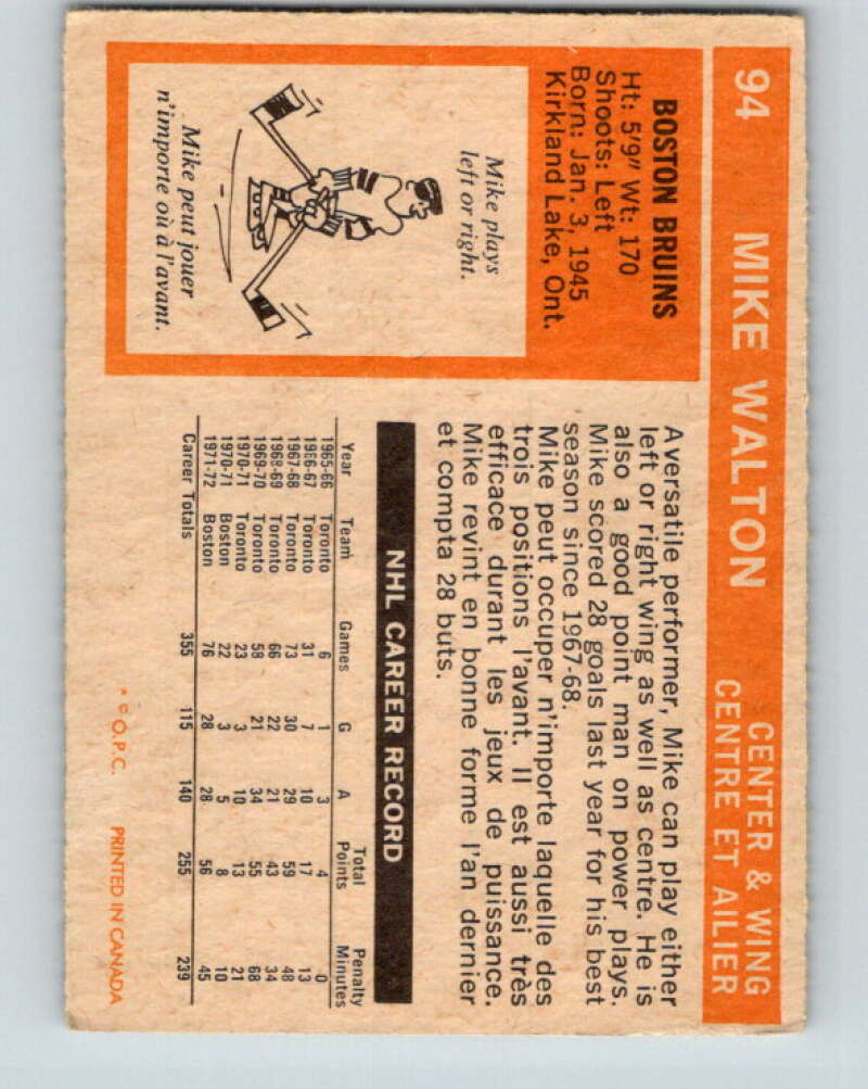 1972-73 O-Pee-Chee #94 Mike Walton Boston Bruins V3697