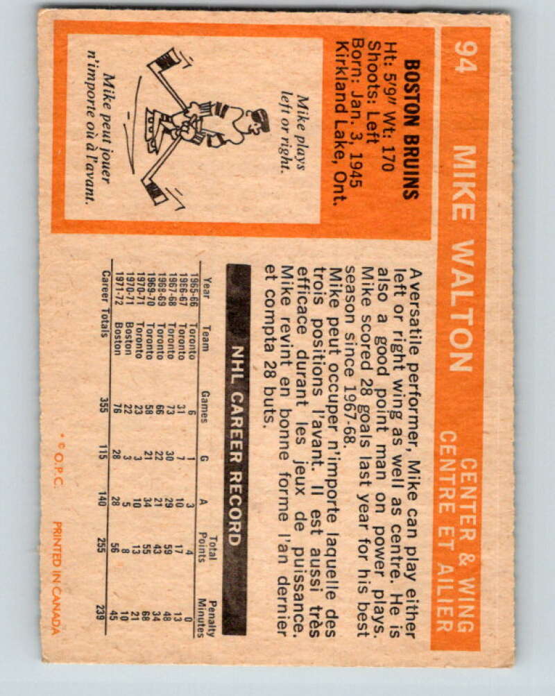 1972-73 O-Pee-Chee #94 Mike Walton Boston Bruins V3699