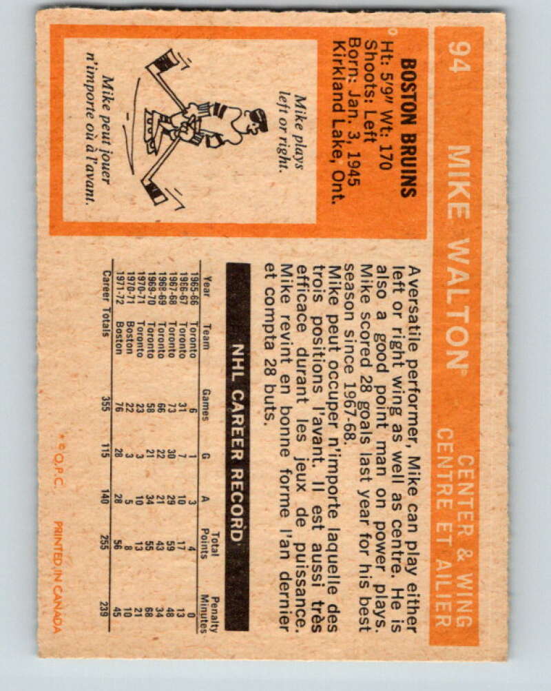 1972-73 O-Pee-Chee #94 Mike Walton Boston Bruins V3700
