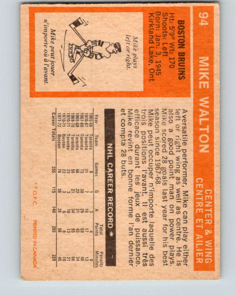 1972-73 O-Pee-Chee #94 Mike Walton Boston Bruins V3701